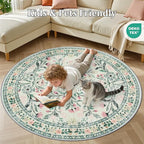 Round Area Rug for Living Room: 4 ft Floral Washable Circle Rug Soft Non-Slip Carpet Indoor Stain Resistant Low Pile Small Circular Rug for Bedroom Entryway Kitchen Nursery Home Office Green Beige