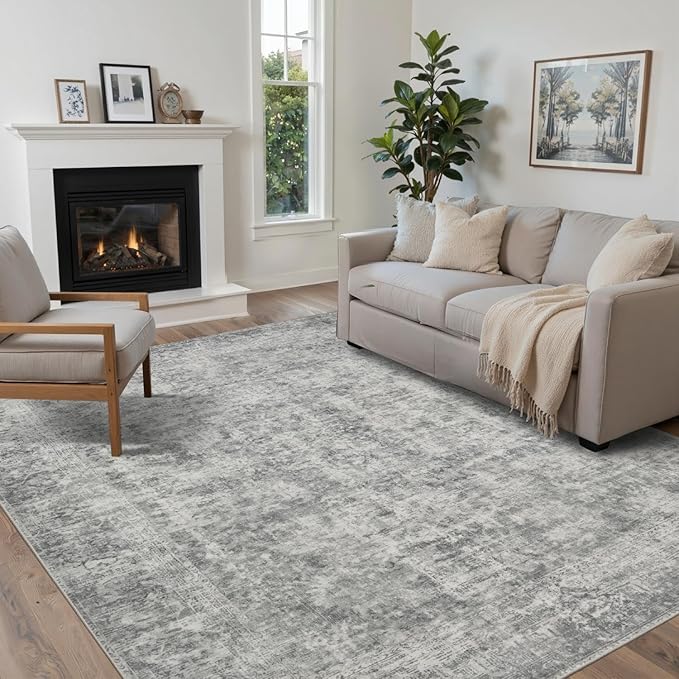5x7 Area Rugs for Living Room Bedroom, Grey Washable Rug, Neutral Abstract Boho Rug, Non Slip & Low Pile Faux Wool Carpet for Indoor Dining Room and Farmhouse(Grey 5x7ft)