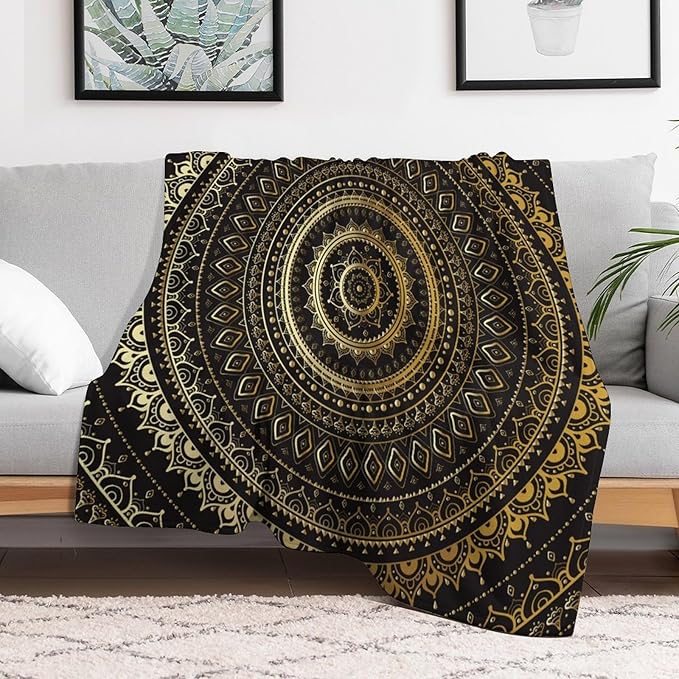 Black Gold Mandala Throw Blanket Boho Indian Hippie Vintage Abstract Bohemian Flower Blanket for Sofa Bed Couch Chair Or Dorm 70"x80"