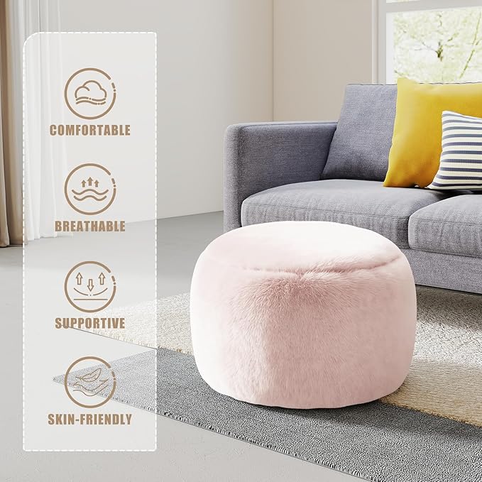 Round Stuffed Pouf Ottoman for Foot Rest, A Round Modern Foam Filled Poufs, Floor Chair for Living Room, Nursery, Dorm, A Soft Modern Foot Stool Perfect to Rest Your Feet (Pink, 20Inch)