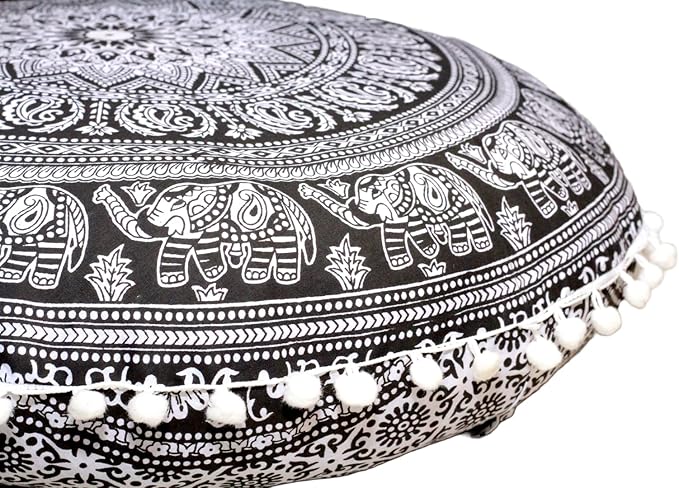 CRAFT KALA 22" Round Mandala Boho Pillow Cover Meditation Room Seating Poufs Cover for Living Room Yoga Room Home Bedroom Balcony Garden Party Decoration Cotton Floor Cushion Cover 22", B & W Elephant