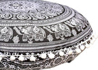 CRAFT KALA Round Mandala Boho Pillow Cover Meditation India Room Seating Poufs Cover for Living Room Yoga Home Décor Bedroom Balcony Garden Decoration Cotton Floor Cushion Cover 32", B & W Elephant