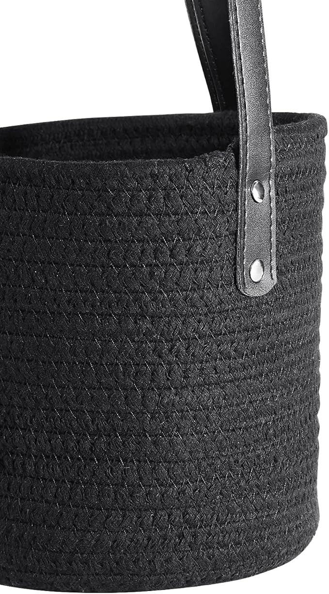 2pcs of Black Hemp Rope Hanging Basket-10.6" x 5.5" Hanging Woven Wall Basket Set with Leather Handles,Wall Mounted Woven Hanging Basket Storage,Shelf Basket Organizer for Plants