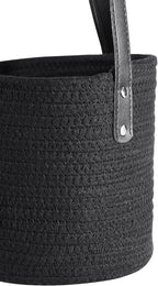2pcs of Black Hemp Rope Hanging Basket-10.6" x 5.5" Hanging Woven Wall Basket Set with Leather Handles,Wall Mounted Woven Hanging Basket Storage,Shelf Basket Organizer for Plants