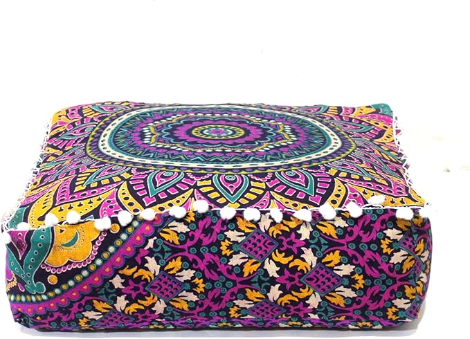 CRAFT KALA Large Hippie Mandala Meditation Floor Ottoman Pillow Cushion Pouf Cover Square Poufs Bohemian Circle Floor Cushion Case Outdoor Fireplace Yoga Living Room Decor Cover New Pink, 18" Square