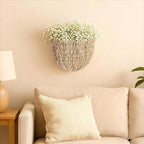 Scalloped Hanging Wicker Baskets for Wall, Scalloped Home Decor, Hanging Woven Rattan Wall Basket for Flowers Front Door Bathroom Storage (Water Hyacinth 1PC)