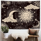 Wonrizon Sun and Moon Tapestry, Aesthetic Black Dark Spiritual Tapestries Mystic Burning Sun with Clouds Star Wall Hanging decor for Bedroom (51.2" x 59.1")