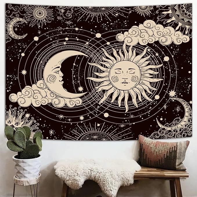 Wonrizon Sun and Moon Tapestry, Aesthetic Black Dark Spiritual Tapestries Mystic Burning Sun with Clouds Star Wall Hanging decor for Bedroom (51.2" x 59.1")