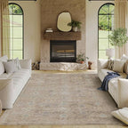 6x9 Area Rugs for Living Room Bedroom, Large Washable Rug, Beige Vintage Retro Boho Rug, Non Slip & Low Pile Faux Wool Thin Carpet for Indoor Dining Room and Kids Room(Beige 6x9ft)