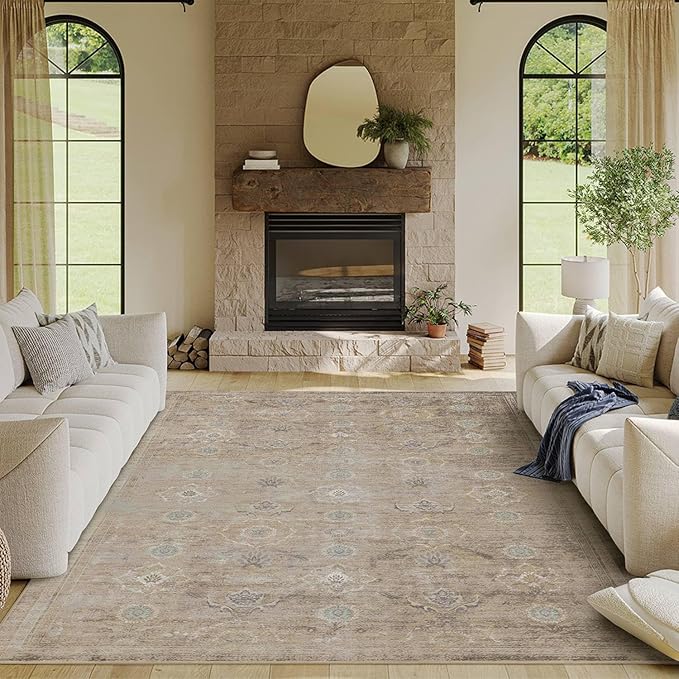 6x9 Area Rugs for Living Room Bedroom, Large Washable Rug, Beige Vintage Retro Boho Rug, Non Slip & Low Pile Faux Wool Thin Carpet for Indoor Dining Room and Kids Room(Beige 6x9ft)