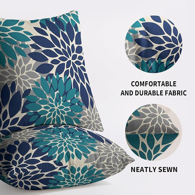 Navy Blue Teal Pillow Covers 20X20 Inch Set of 2, Summer Modern Geometry Dahlia Floral Print Decorative Throw Pillow Covers Outdoor Farmhouse Cushion Case for Couch Sofa Bed Decor