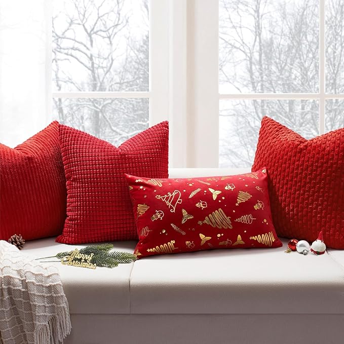 Softalker Throw Pillow Covers 12x20 Inch, Set of 2, Soft Corduroy Boho Stripe Decorative Pillow Cover, Couch Fluffy Pillow Cover for Farmhouse Home Decor Bed Living Room, Red