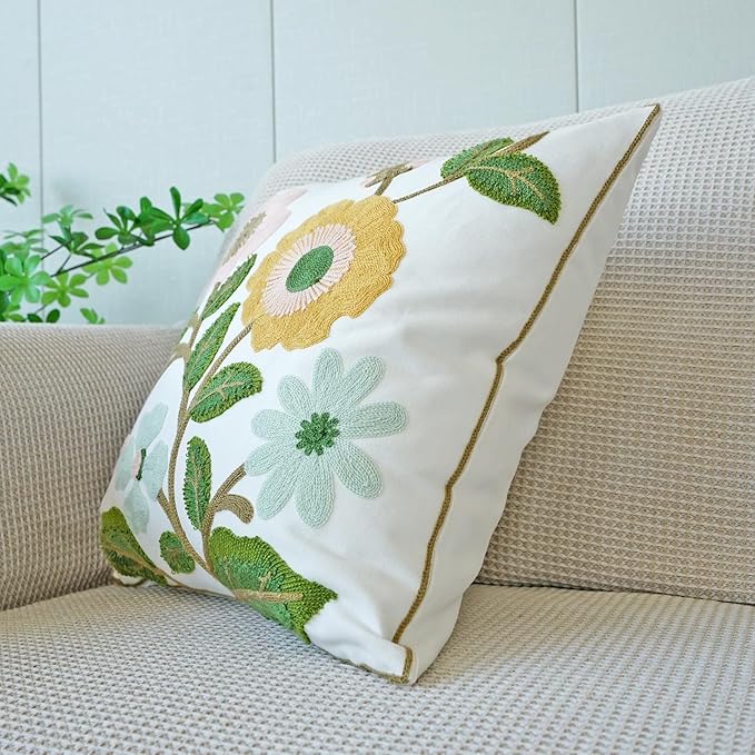 vctops Floral Embroidered Pillow Covers 18x18 Inch Spring Summer Cotton Tufted Throw Pillow Cover Outdoor Garden Cushion Case for Sofa, Bed, Living Room (Flower F,18"x18")