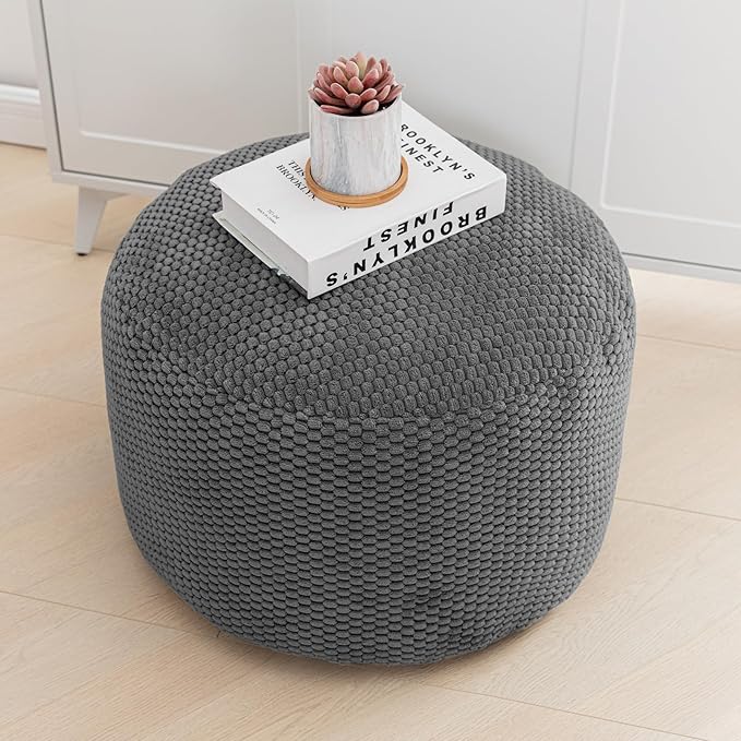 Pouf Ottoman Stuffed High Density Filler Velvet Floor Pouf Round Foot Stool 20 * 12 Inches Ottoman Foot Rest for Living Room, Home Decor (Dark Gray)
