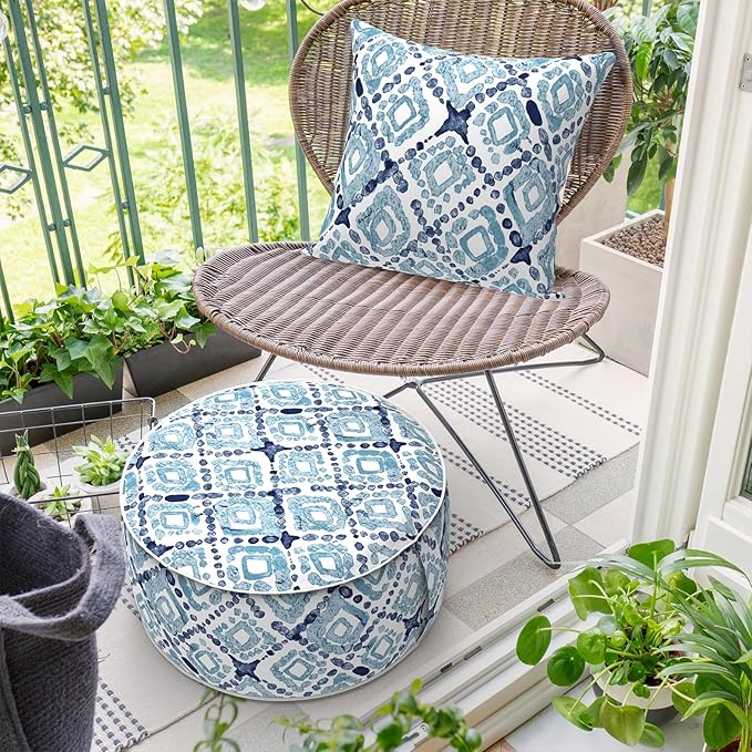 Inflatable Ottoman Stool D21 xH9 for Outdoor/Indoor Use, Water Repellent Patio Foot Rest with Portable Handle,Round Pouf Ottoman Suitable for Garden,Deck and Camping - Geometry Blue
