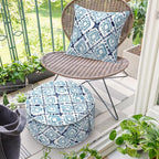 Inflatable Ottoman Stool D21 xH9 for Outdoor/Indoor Use, Water Repellent Patio Foot Rest with Portable Handle,Round Pouf Ottoman Suitable for Garden,Deck and Camping - Geometry Blue