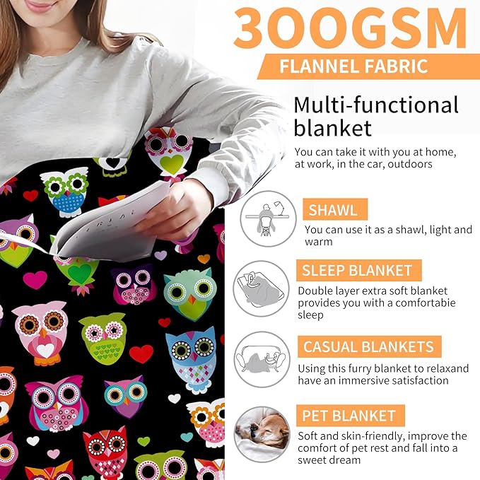 Throw Blanket for Couch, 300GSM Warm Soft Cozy Flannel Blanket, Cute Blanket for All Seasons Bedroom Home Decor Gifts, Colorful Boho Owls 50x60 Inches