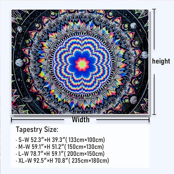 Amonercvita Blacklight Tapestry Trippy Mandala Tapestries UV Reactive Galaxy Stars Tapestry Psychedelic Neon Tapestries Wall Hanging Hippie Black Light Poster for Bedroom
