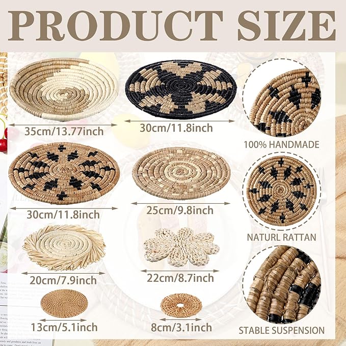 11 Pcs Boho Hanging Wall Basket Decor Handmade Woven Basket Wall Decorative Boho Wicker Baskets Placemats Round Farmhouse Bulrush Art for Rustic Home Decorations Christmas Gift(Rustic)
