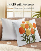 Embroidered Throw Pillow Cover - 18x18 Decorative Pillow Cover with Zipper Aesthetic Cute Design Boho Spring Summer Cozy Throw Pillowcase for Living Room Couch Sofa Bed, Yellow Tulips