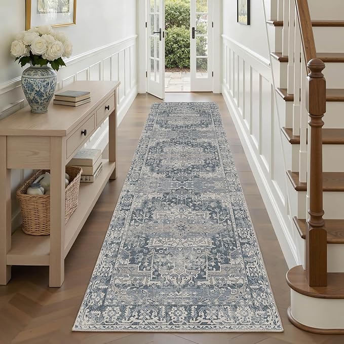 2'6''x8' Runner Rug, Washable Kitchen Rugs, Blue Boho Vintage Floral Hallway Runner, Non Slip Low Pile Area Rug Carpet for Hallway, Kitchen, Laundry Room and Bathroom(Blue 2.6x8ft)