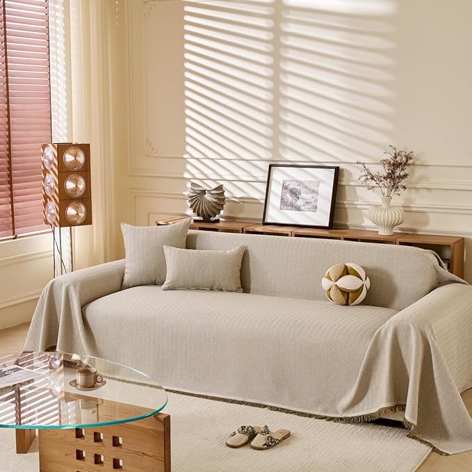 ROOMLIFE Boho Khaki Couch Covers for 3 Cushion Sofa, Couch Cover Sectional Sofa Cover for Dog, Washable Furniture Sofa Protector Cover Soft Blanket with Tassel for Living Room, 71''X118''