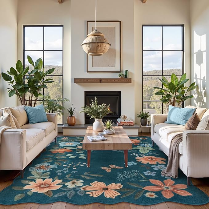 Lahome Floral Washable Rugs 8x10, Non-Slip Soft 8x10 Rugs for Living Room Bedroom, Ultra-Thin Stain Resistant Boho Blue Accent Carpet for Dining Room Office Flore (8x10ft,Navy Blue)