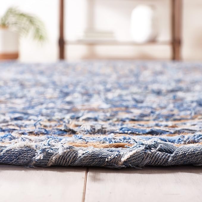 SAFAVIEH Area Rug 4' Round - Cape Cod Collection - Blue & Natural Brown, Handmade Jute & Cotton, Woven Braided Design (CAP202M)