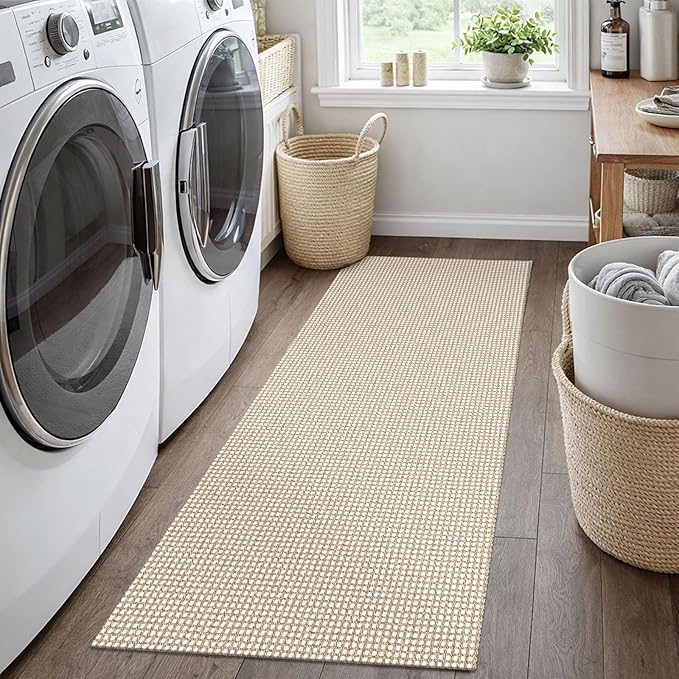 EARTHALL Woven Runner Rug 2x5 Ft Washable Runners for Hallways Cotton Non Slip Rubber Backed Kitchen Runner Braided Indoor Floor Carpet for Entryway, Hallway, Kitchen, Bedroom, Beige/Khaki