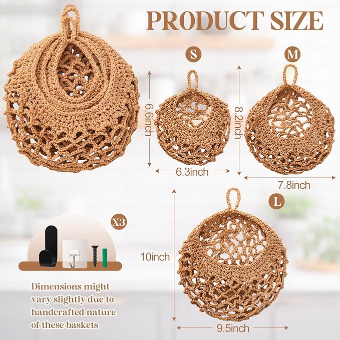 Honeydak Boho Decor Hanging Wall Baskets for Kitchen 3 Pack Teardrop Baskets with Hooks Storage Fruit Onion Vegetable Potato for Home 3 Sizes(Light Linen,Crochet,Cotton Rope)