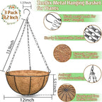 ZeeDix 12 Inch Hanging Baskets for Plants Outdoor - 3 Pack Hanging Planters with Coconut Liners, Metal Round Hanging Planter for Flowers Vegetables