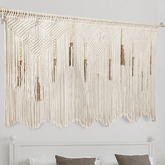 Extra Large Macrame Wall Hanging 70.8" × 39" Boho Tapestry Woven Decor- Cotton Tassel Curtain Beige Chic Bohemian Wall Art for Home Living Room Bedroom Dorm Wedding (Includes Rod)