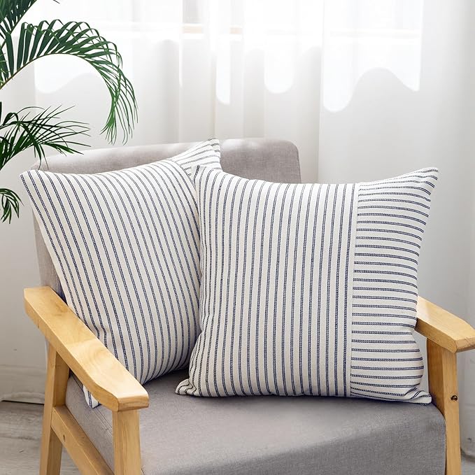 YCOLL Farmhouse Pillow Covers 18x18, Modern Accent Square Throw Pillow Covers Set of 2, Navy and Beige Striped Patchwork Linen Decorative Pillows Cushion Covers for Couch Chair Bedroom Home Decor