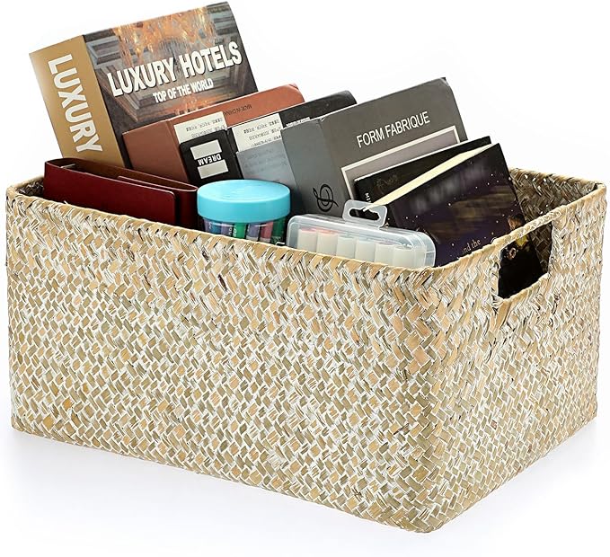 Hipiwe Seagrass Storage Basket Bin Rectangular Handwoven Wicker Storage Box with Handle Opened Baskets for Shelf Organizing Closet Bathroom, 13.3 x 9.8 x 6.7 Inch