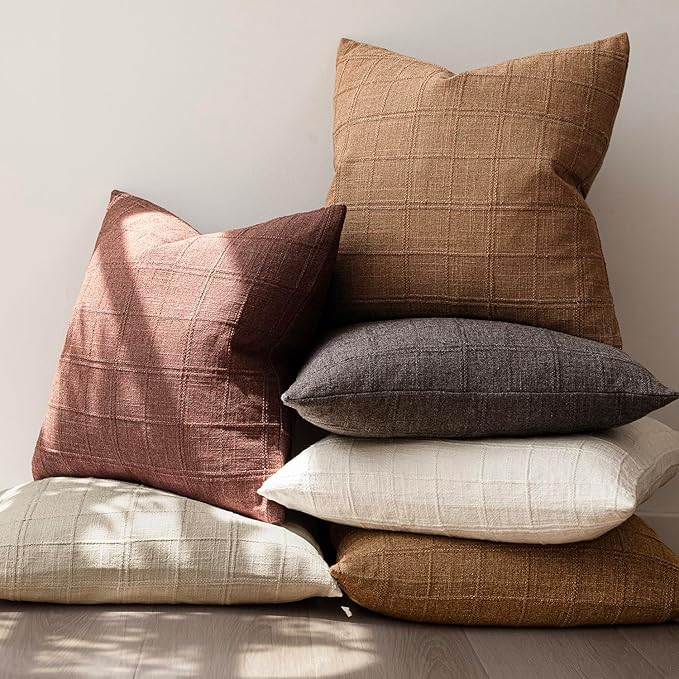 Foindtower Set of 2 Decorative Linen Check Throw Pillow Covers Neutral Farmhouse Vintage Cushion Covers Modern Boho Home Decor for Sofa Chair Couch Bedroom Living Room,18×18 Inch,Autumnal Red