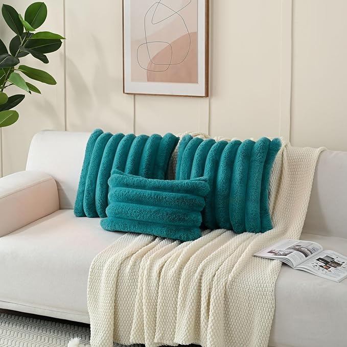 FUTEI Teal Decorative Throw Pillow Covers 20x20 Inch Set of 2, Square Soft Faux Rabbit Fur Thick Striped Cushion Cover,Spring Home Decor for Couch Bed Living Room