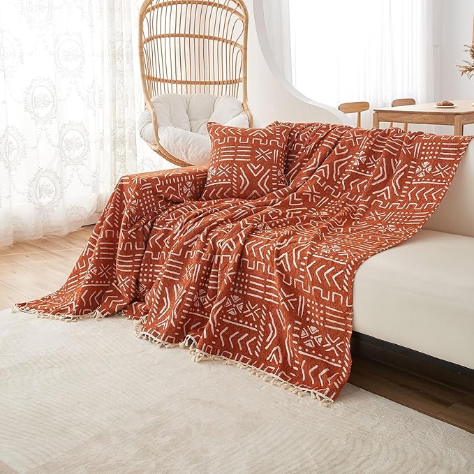 VClife Boho Couch Cover for 3 Cushion Couch Sofa Durable Soft Chenille Sofa Slipcover for Sectional Sofa, 1 PC Multi-Functional Sofa Covers Protector, Caramel and White Furniture Protector 71" x 134"