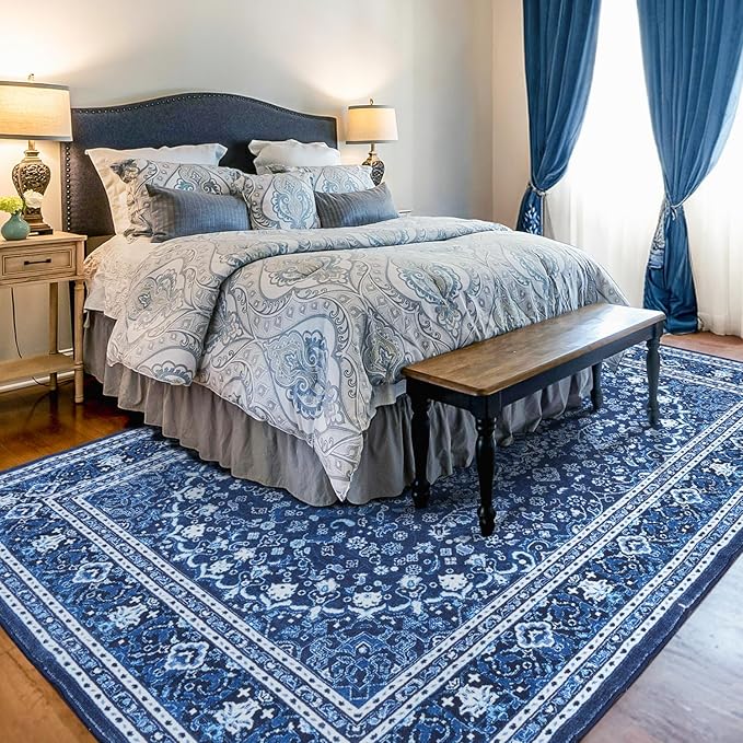 Lessymo 8 x 10 Area Rugs for Living Room- Machine Washable Area Rugs Boho Faux Wool Low Pile Area Rug for Bedroom Floral Medallion Vintage Rugs with Non-Slip Rubber, Kid & Pet Friendly, Blue White