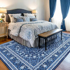 Lessymo 8 x 10 Area Rugs for Living Room- Machine Washable Area Rugs Boho Faux Wool Low Pile Area Rug for Bedroom Floral Medallion Vintage Rugs with Non-Slip Rubber, Kid & Pet Friendly, Blue White