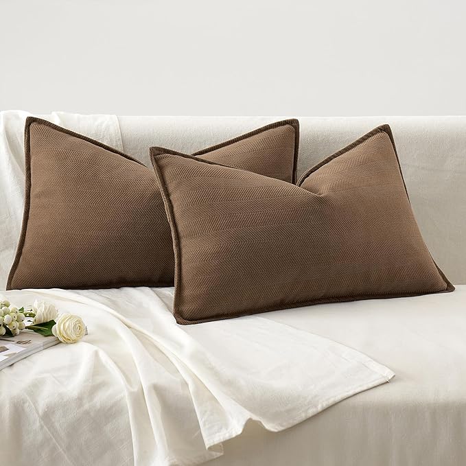 MIULEE Pack of 2 Dark Brwon Decorative Lumbar Pillow Covers 12x20 Inch Soft Chenille Luxurious Couch Throw Pillows Farmhouse Cushion Covers with Elegant Design for Sofa Bedroom Living Room Home Decor