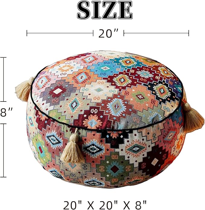 Boho Unstuffed Pouf Cover Ottoman Footrest Indian Mexcian Foot Stool Floor Bean Bag Floor Chair Storage for Living Room Bedroom Decor (Boho Plaid, Round)