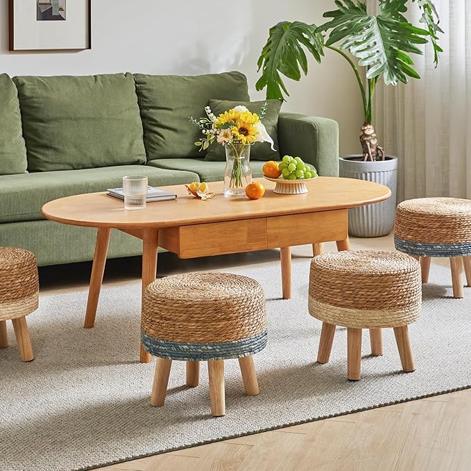YMYNY Foot Stool Natural Seagrass Hand Weave, 12.6" Small Ottoman, Round Footrest for Living Room, Bedroom, Entryway, Change Shoes Stool, Non-Skid Wood Legs, Boho, Natural+Blue, UHBD027Q