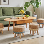 YMYNY Foot Stool Natural Seagrass Hand Weave, 12.6" Small Ottoman, Round Footrest for Living Room, Bedroom, Entryway, Change Shoes Stool, Non-Skid Wood Legs, Boho, Natural+White, UHBD027W