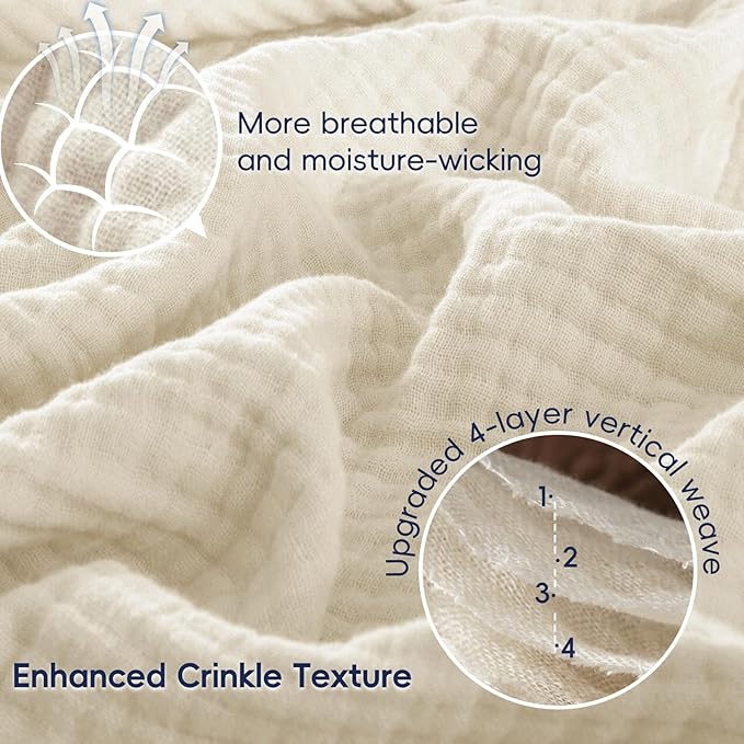 PHF 100% Cotton Muslin Throw Blanket 50" x 60", 4-Layer Lightweight Gauze Throw, Breathable Cloud-Soft Minimalist Blanket for Bed, Couch, Camping & Baby, Birch, Ideal Gift