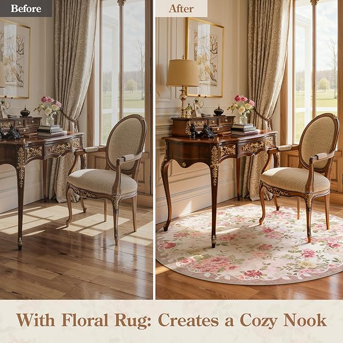 Lahome Floral Round Entryway Rug 4ft,Small Washable Circle Rug for Girls Bedroom Bathroom,Vintage Carpet for Kids Room, Office, College Dorm Nina