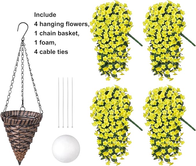 HyeFlora Artificial Fake Hanging Outdoor Flowers Plants Basket, Faux Silk Yellow Daisy Flowers UV Resistant Realistic Hanging Planter Orchid Vines for Outside Porch Patio Home Garden Yard Decoration