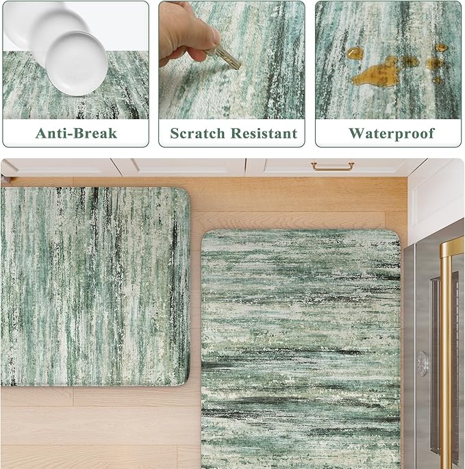 KIMODE Anti Fatigue Kitchen Mats for Floor 20"x47"+20"x32", Cushioned Abstract Kitchen Rugs Sets of 2, Padded Kitchen Floor Mats, Comfort Standing Mats for Laundry Office Sink Desk Green