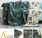 King Throw Blanket for Bed Couch,100% Organic Cotton Reversible Soft Quilt, Birds and Floral Breathable Lightweight Blankets,90"×108" Extra Large Sofa Throws for 3 4 Seater with Tassels,Teal