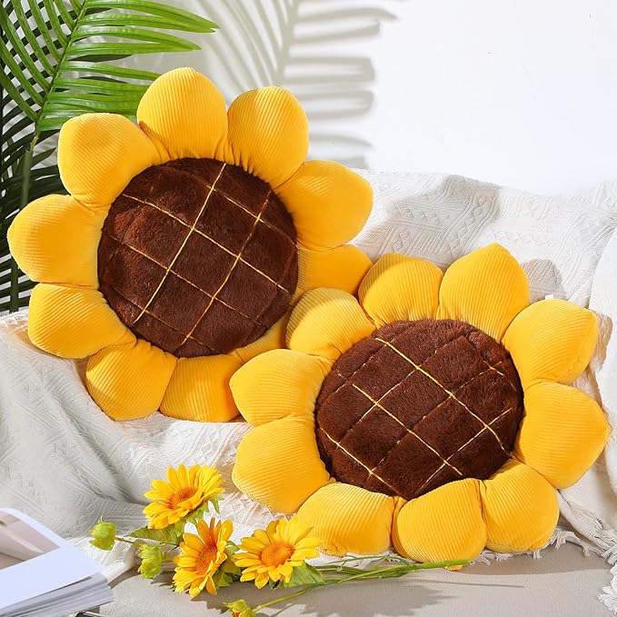 Coume 2 Pieces 3D Sunflower Flower Floor Pillow Seating Cushion Mat Sunflower Shaped Throw Pillow Yellow Chair Pads Decorative Plush for Bed Car Chair Sofa Office Gifts(19 Inch)
