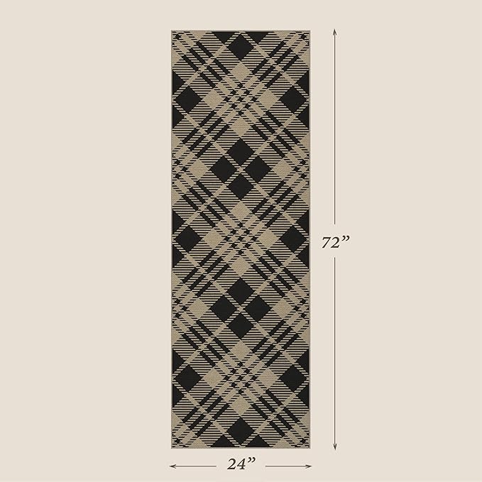 JTJ Geometric Outdoor Runner 2x6 - Easy Jute Woven Throw Rug for Kitchen, Balcony, Mudroom, Hallway Runner Non Slip Washable, Low Pile Vintage Black and White Checkered Aesthetic Decor